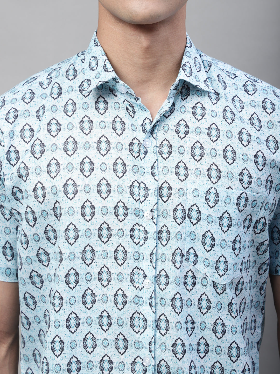 Louis Monarch Men Regular Fit Sky Blue Printed Spread Collar Casual Half Shirt